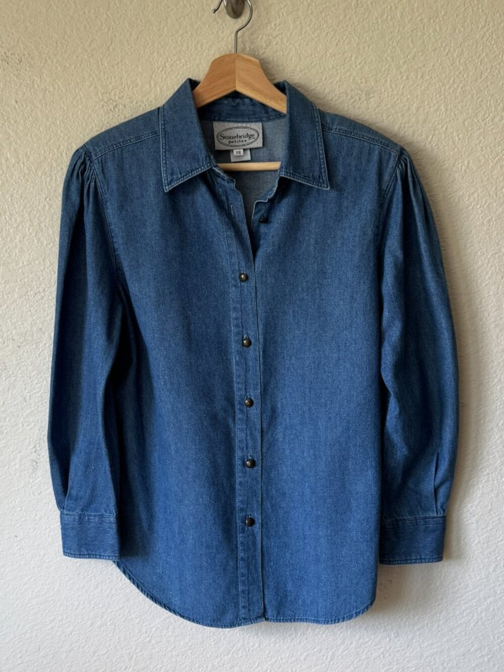 Vtg Stonebridge Denim Shirt Sz PS Button Front 100% Cotton Subtle Puff Shoulder